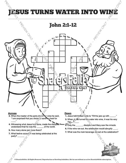 Jesus Turns Water Into Wine Sunday School Crossword Puzzles