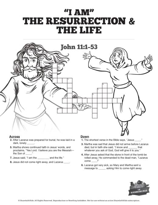 John 11 I am the Resurrection and the Life Sunday School Crossword Puzzles