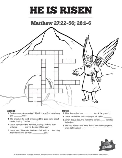 Matthew 28 He Is Risen Easter Sunday School Crossword Puzzles