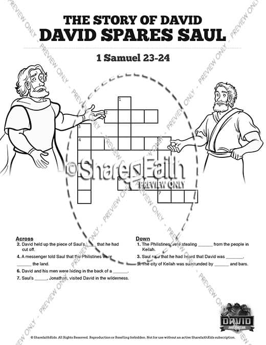 1 Samuel 23 24 David Spares Saul Sunday School Crossword Puzzles