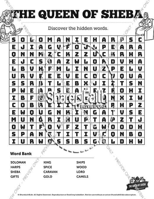 1 Kings 10 The Queen of Sheba Bible Word Search Puzzles