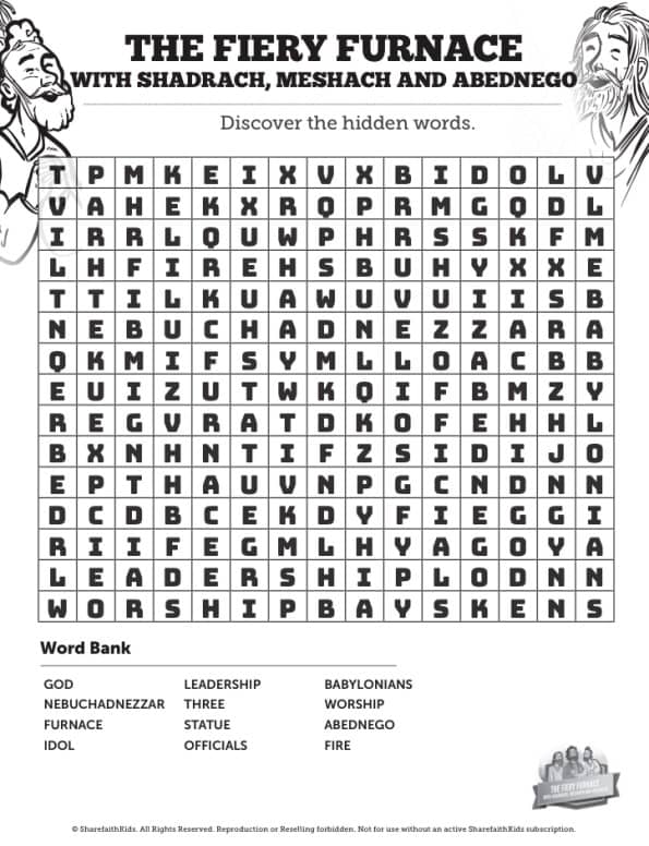 The Fiery Furnace with Shadrach, Meshach and Abednego Bible Word Search Puzzles