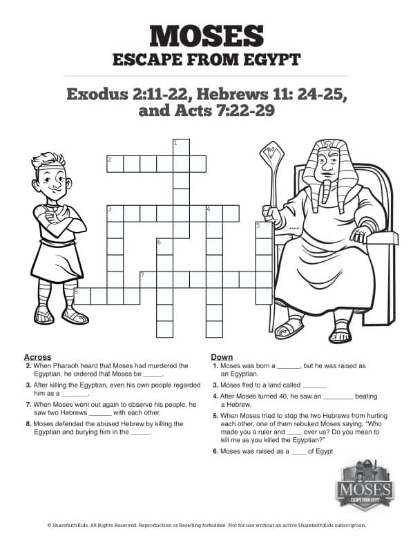Exodus 2 Moses Escapes From Egypt Sunday School Crossword Puzzles