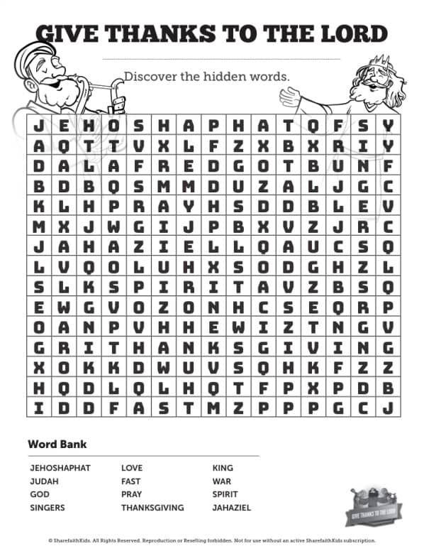 2 Chronicles 20 Give Thanks to the Lord Bible Word Search Puzzle
