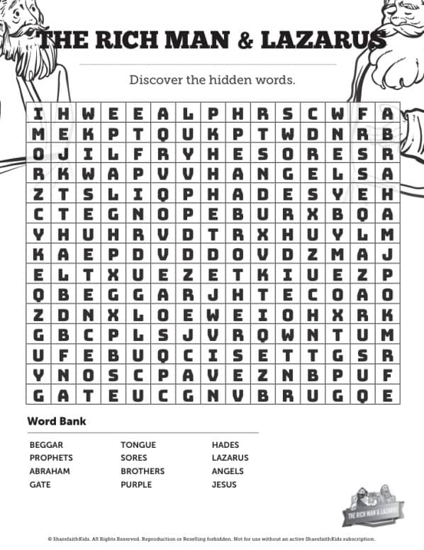 Luke 16 Lazarus and the Rich Man Bible Word Search Puzzles