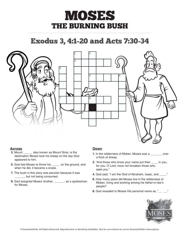 Exodus 3 Moses and the Burning Bush Sunday School Crossword Puzzles