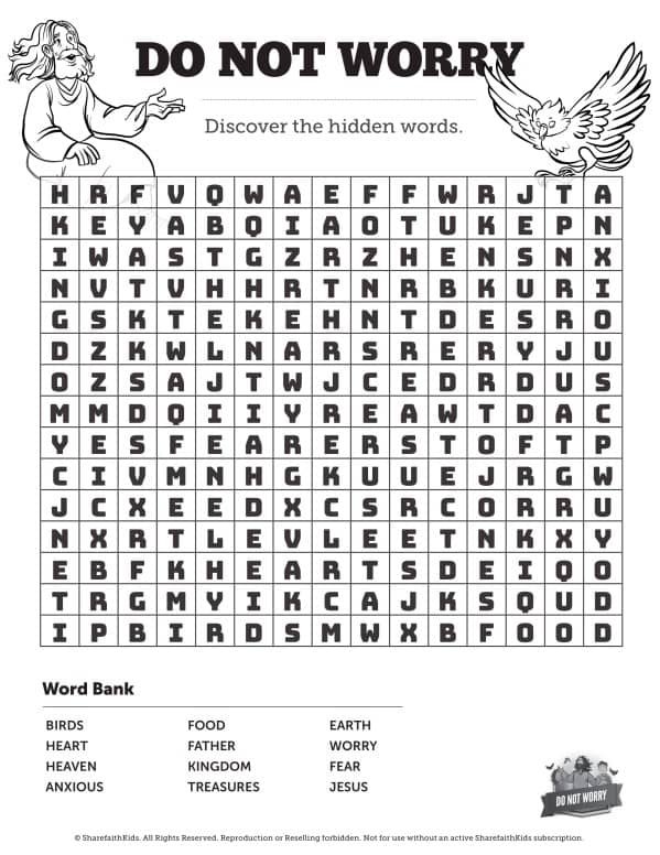 Matthew 6 Do Not Worry Bible Word Search Puzzles