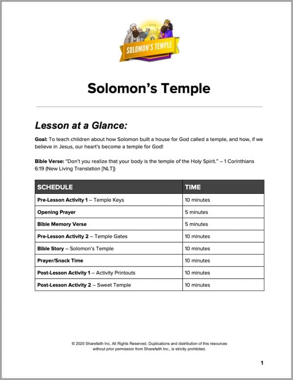 1 Kings 8 Solomons Temple Preschool Curriculum
