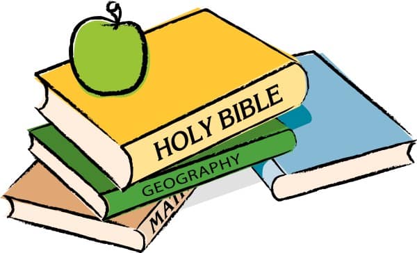 Bible with Books and an Apple