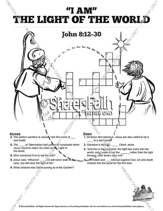 John 8 Light Of The World Sunday School Crossword Puzzles