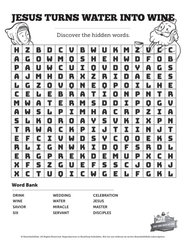 Jesus Turns Water Into Wine Word Search Puzzles