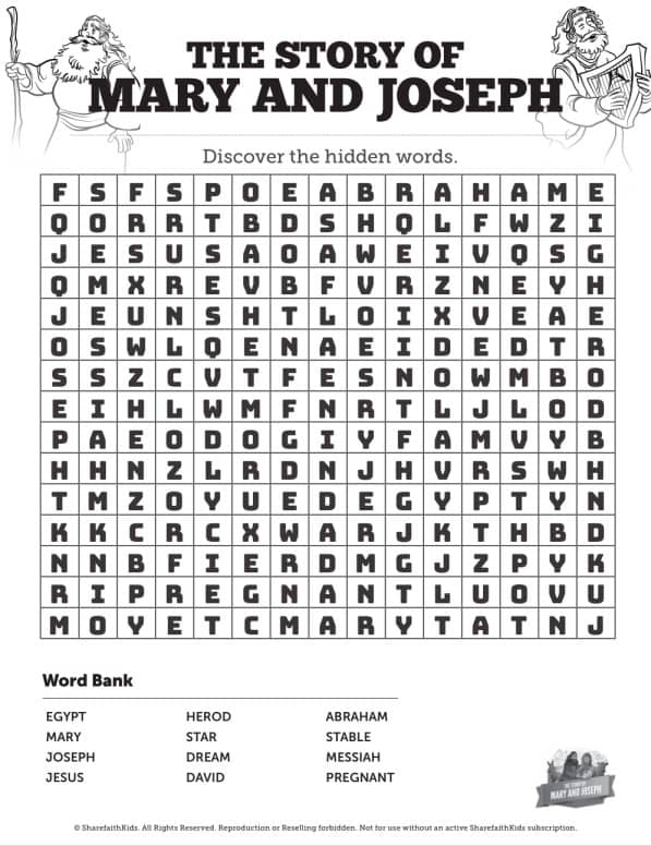 Luke 2 Mary and Joseph Christmas Story Bible Word Search Puzzles