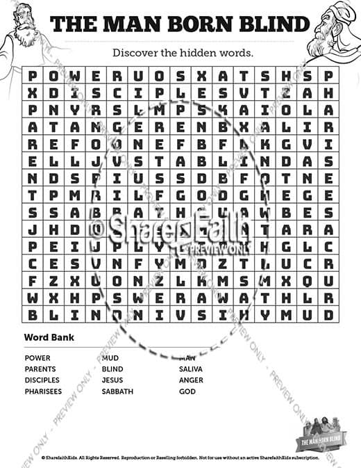 John 9 The Man Born Blind Bible Word Search Puzzles