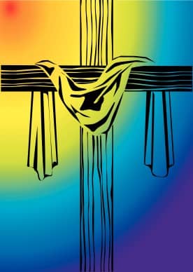 Wooden Cross with Shroud and Rainbow