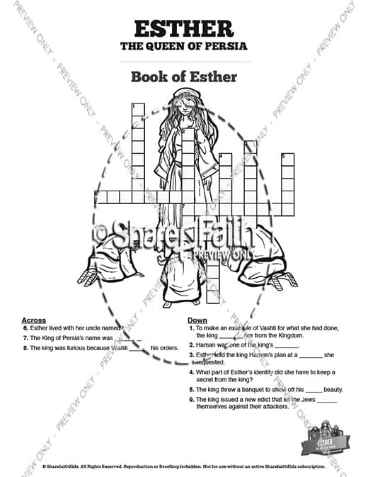 Queen Esther Sunday School Crossword Puzzles