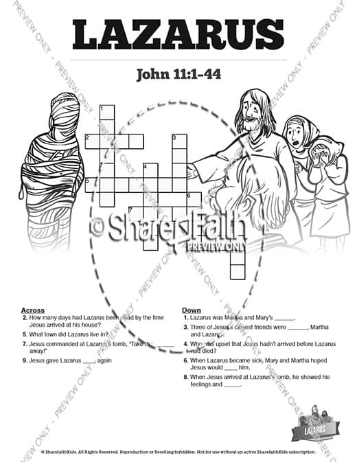 John 11 Lazarus Sunday School Crossword Puzzles