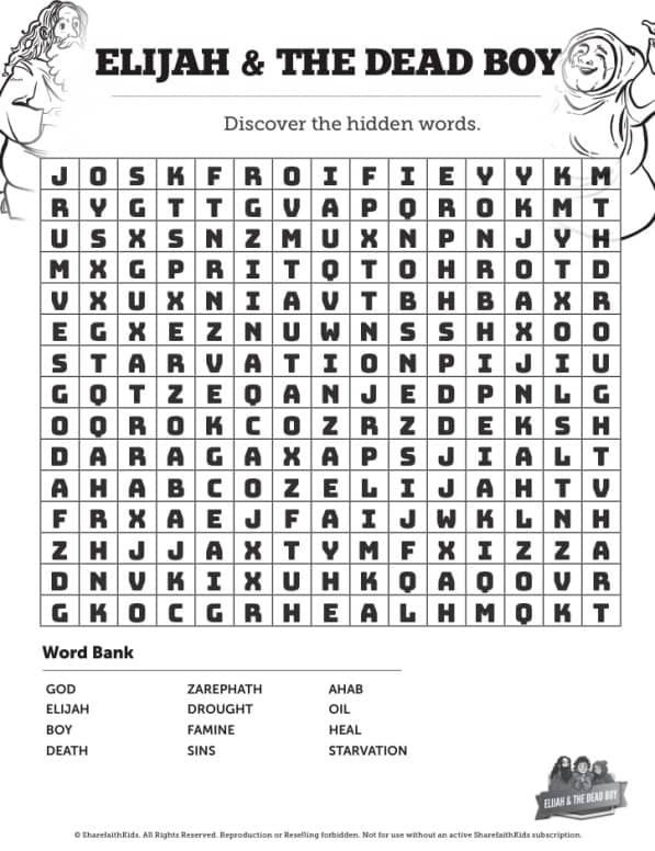1 Kings 17 Elijah and the Widow Bible Word Search Puzzles