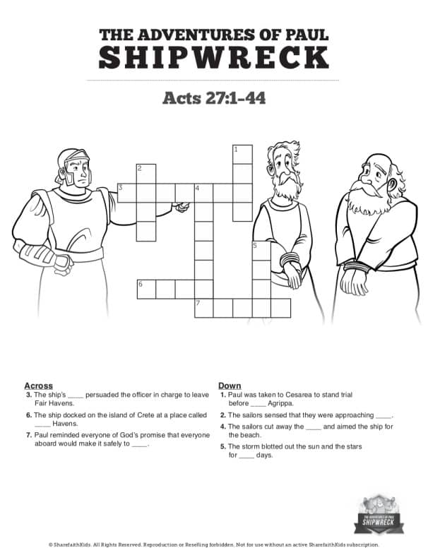 Acts 27 Shipwreck Sunday School Crossword Puzzles
