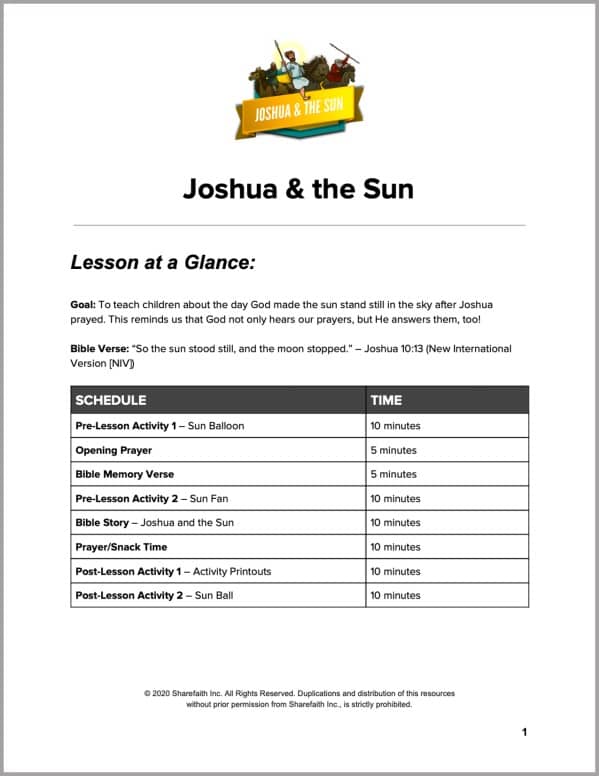 Joshua 10 Joshua and the Sun Preschool Curriculum