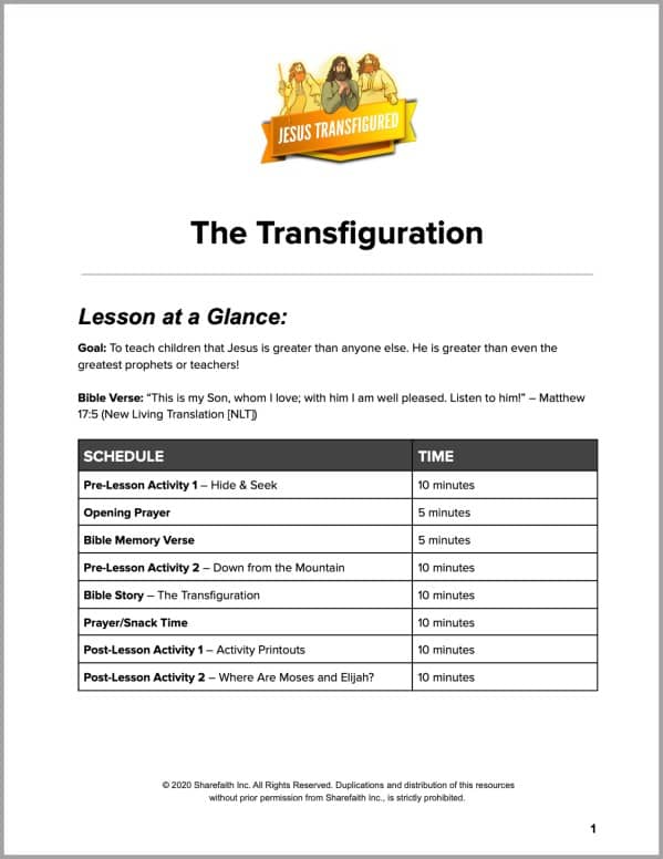 Matthew 17 The Transfiguration Preschool Curriculum
