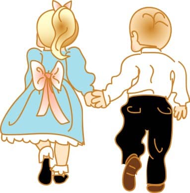 Little Girl and Boy Walk Hand in Hand