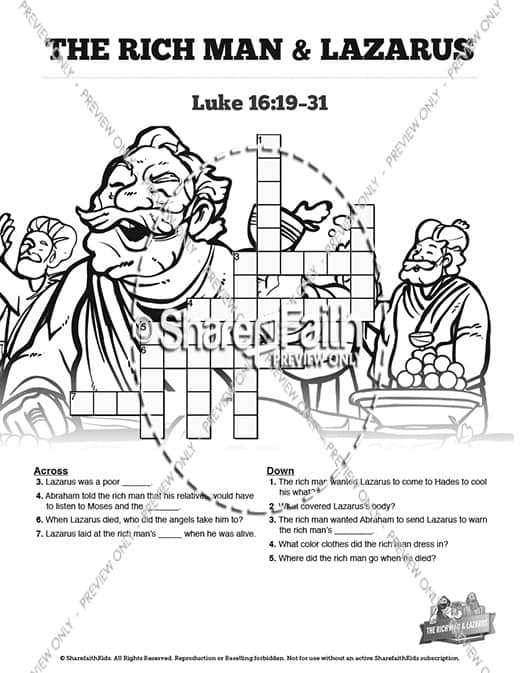 Luke 16 Lazarus and the Rich Man Sunday School Crossword Puzzles
