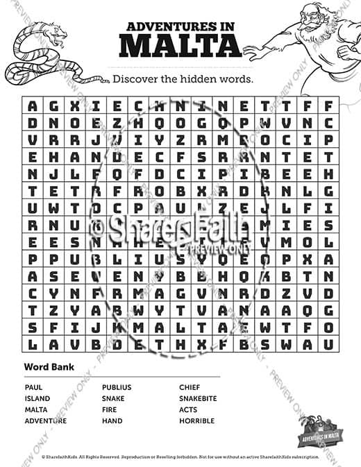 Acts 28 Adventures in Malta Bible Word Search Puzzles