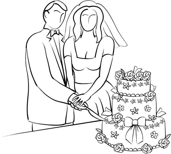 Stylized Bride and Groom Cutting Cake