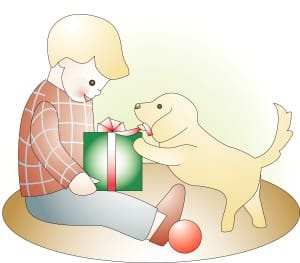 Little Boy with Present and Puppy