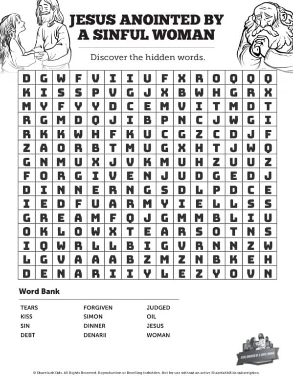 Luke 7 Woman Washes Jesus Feet Bible Word Search Puzzles
