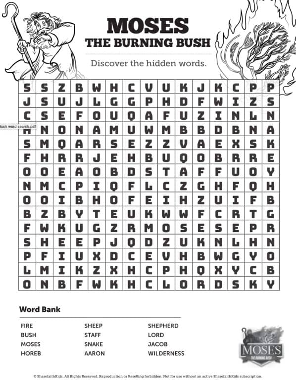 Exodus 3 Moses and the Burning Bush Bible Word Search Puzzles