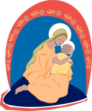 Mary holds Baby Jesus close