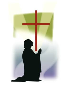 Man Kneeling with Red Cross