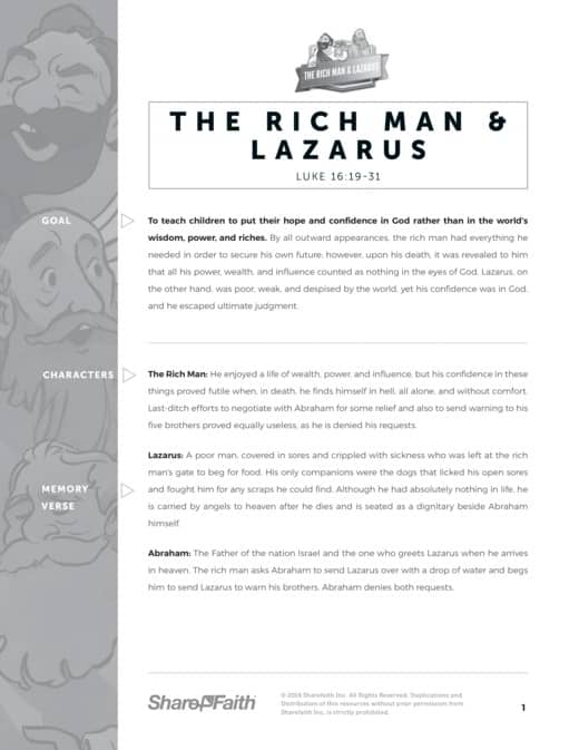 Luke 16 Lazarus and the Rich Man Sunday School Curriculum