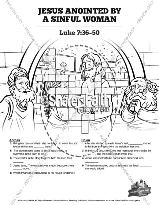 Luke 7 Woman Washes Jesus Feet Sunday School Crossword Puzzles