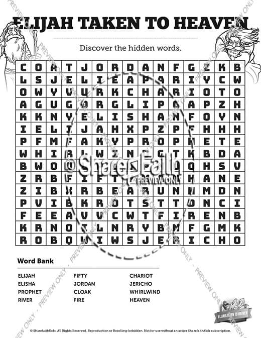 2 Kings 2 Elijah Taken to Heaven Bible Word Search Puzzles