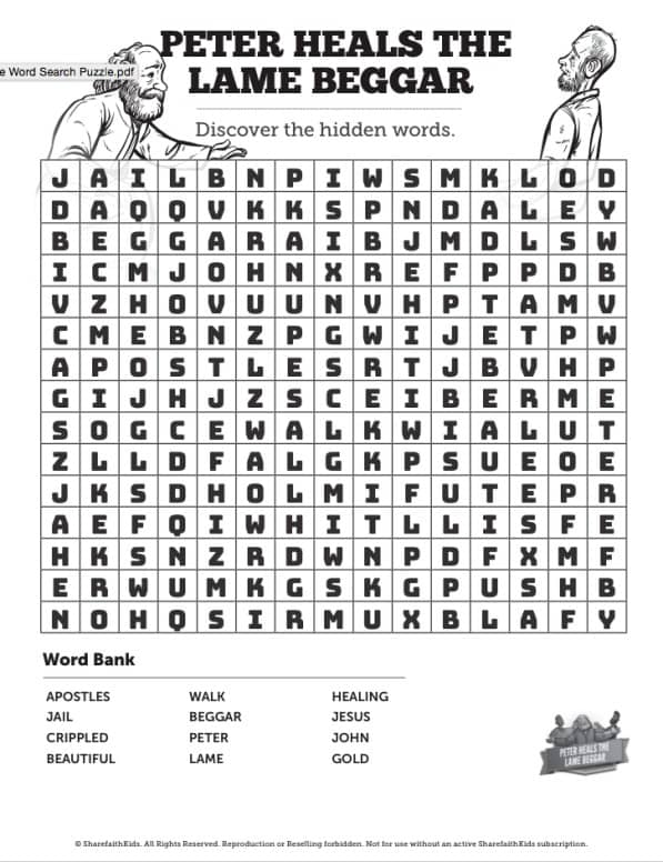 Acts 3 Peter Heals the Lame Man Bible Word Search Puzzle
