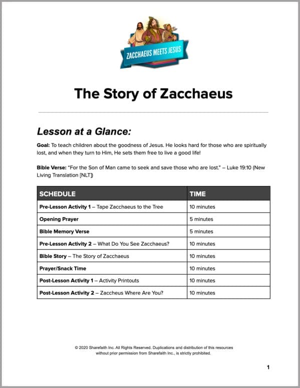 Luke 19 The Story of Zacchaeus Preschool Curriculum