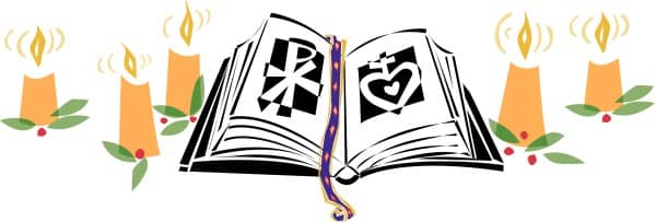 Bible with Chi Rho, Sacred Heart, and Candles